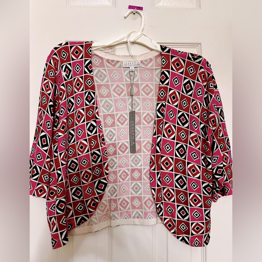 Joseph A. Multi Color Checkers Print-Elbow Sleeves, Cropped Cardigan.